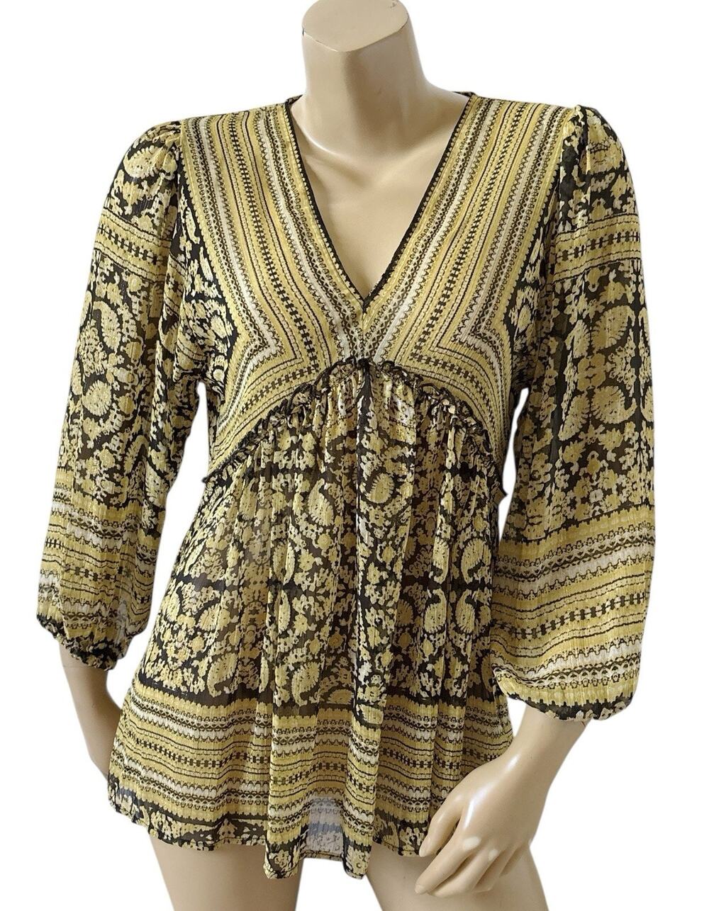 Rose & Olive Peasant Blouse Womens S Black Gold Boho Sheer V Neck Balloon Sleeve